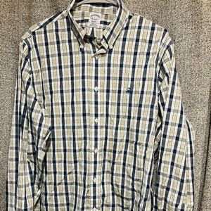 Brooks Brothers Regent Non-Iron Blue and Tan Plaid Long Sleeve Shirt Sz Large